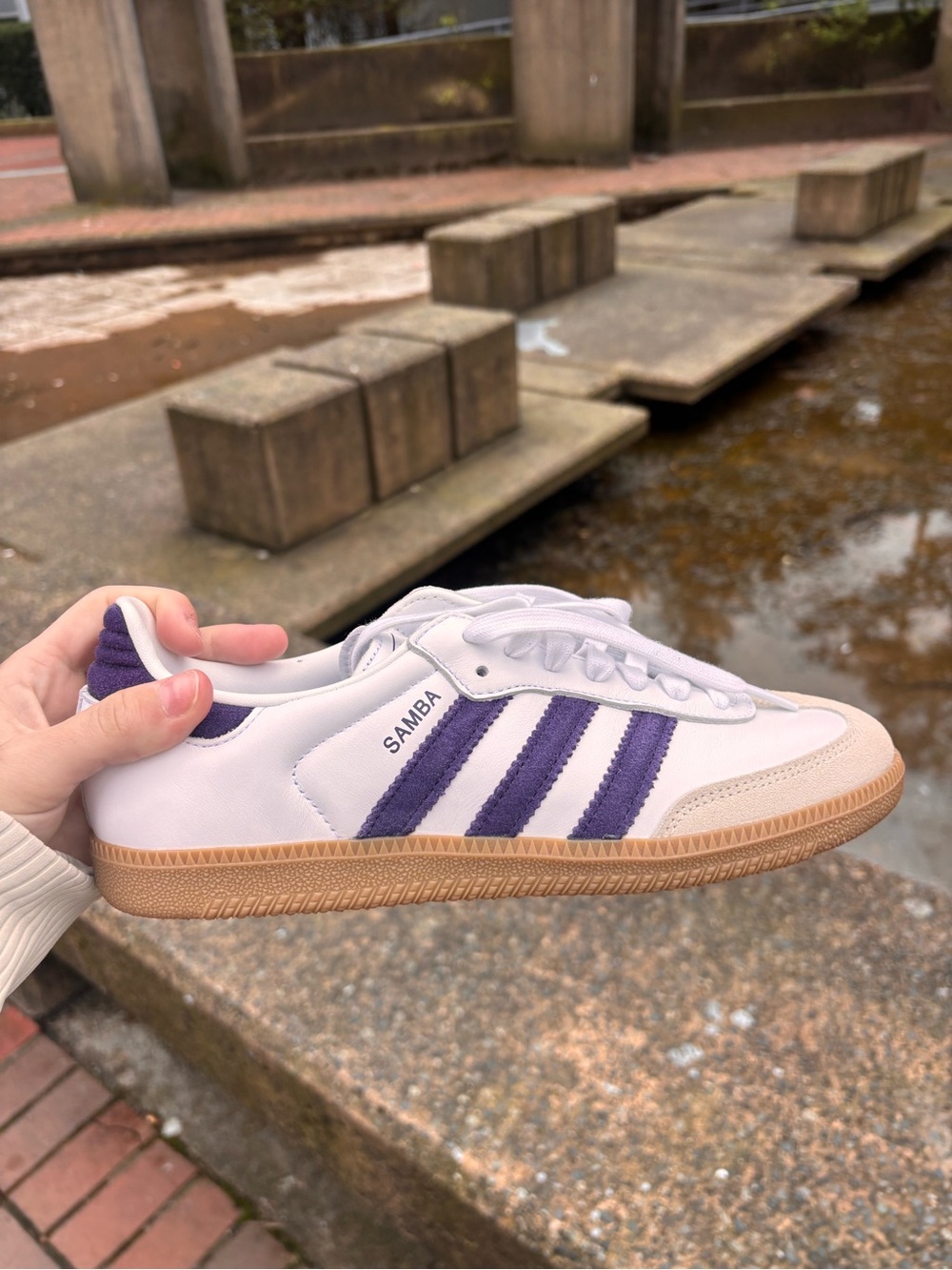 adidas women’s Samba White with Purple Stripes and Gum Sole